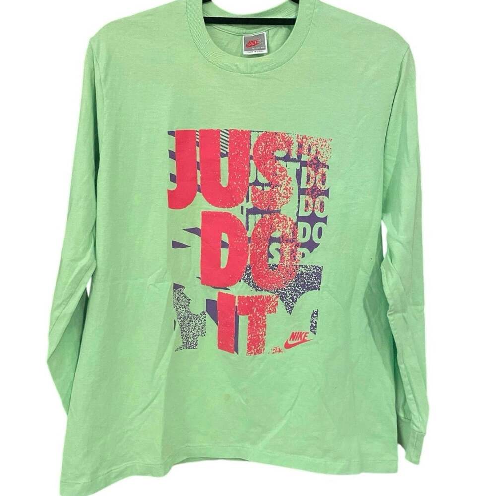 Vintage 90s Just Do It Nike Lime Green Long Sleeve Single Stitch Shirt Adult Med